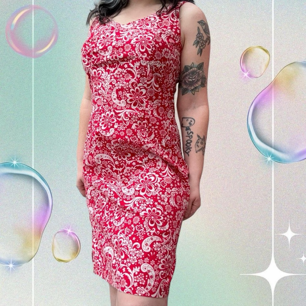 vtg y2k red floral sundress - robbie bee petite, sz 8p, can fit reg 6